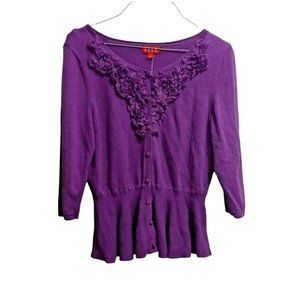 ELLE Womens Size Medium Purple Button Down Fitted Cardigan 3/4 Sleeves